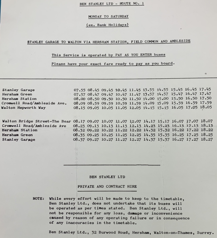 Ben Stanley timetable obtained in 1983