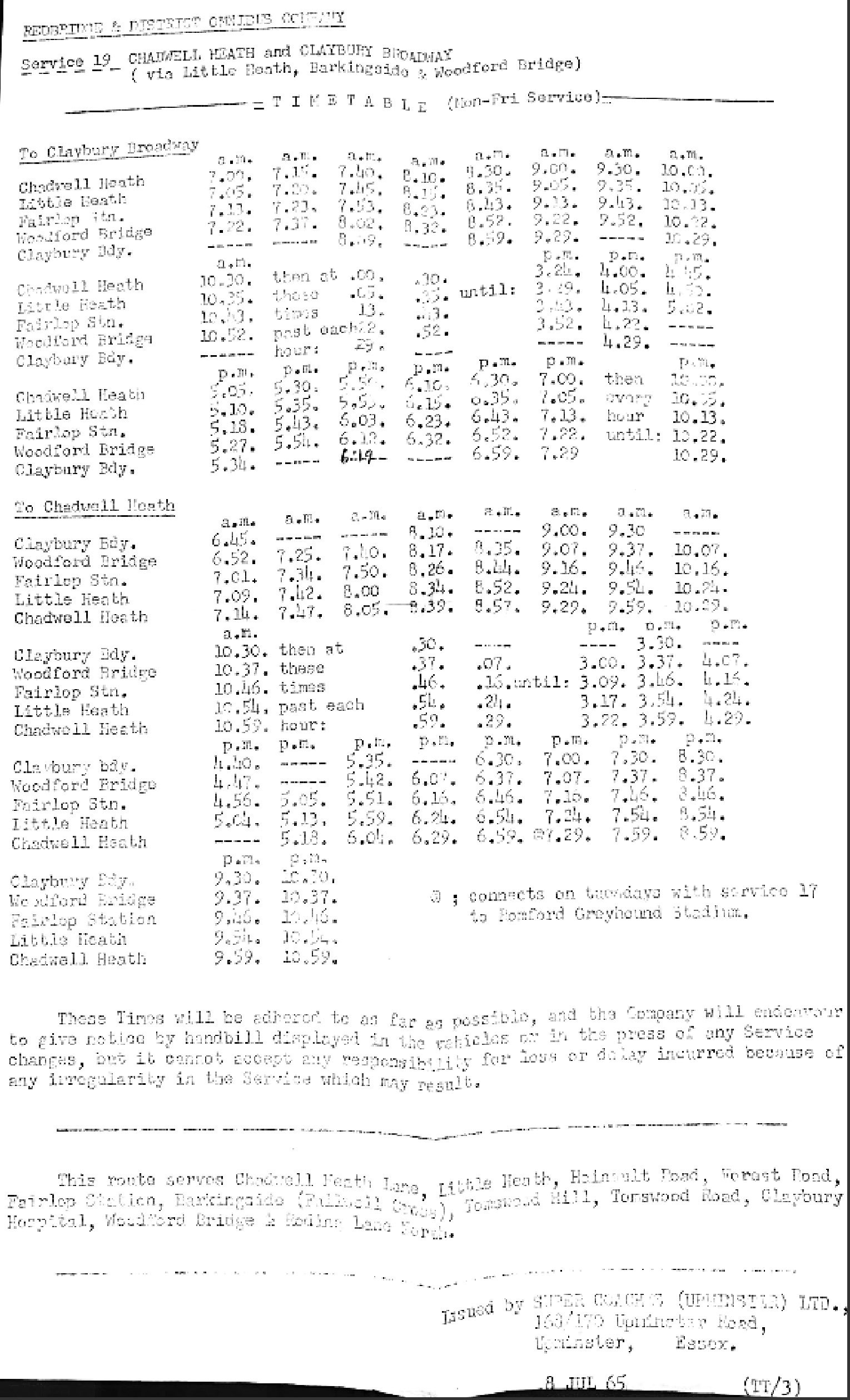Monday to Friday timetable July 1965